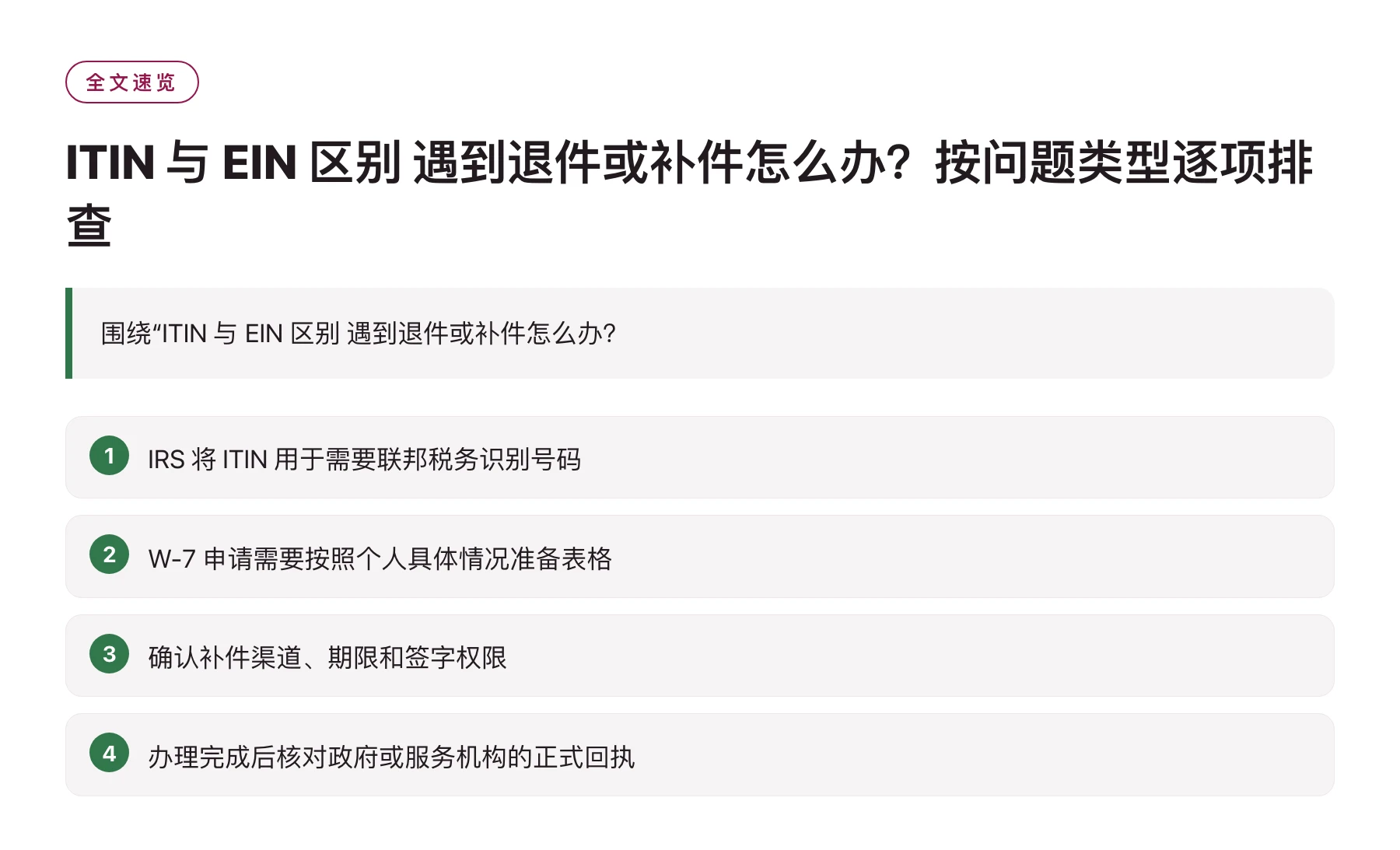ITIN 与 EIN 区别 遇到退件或补件怎么办？按问题类型逐项排查——全文要点速览