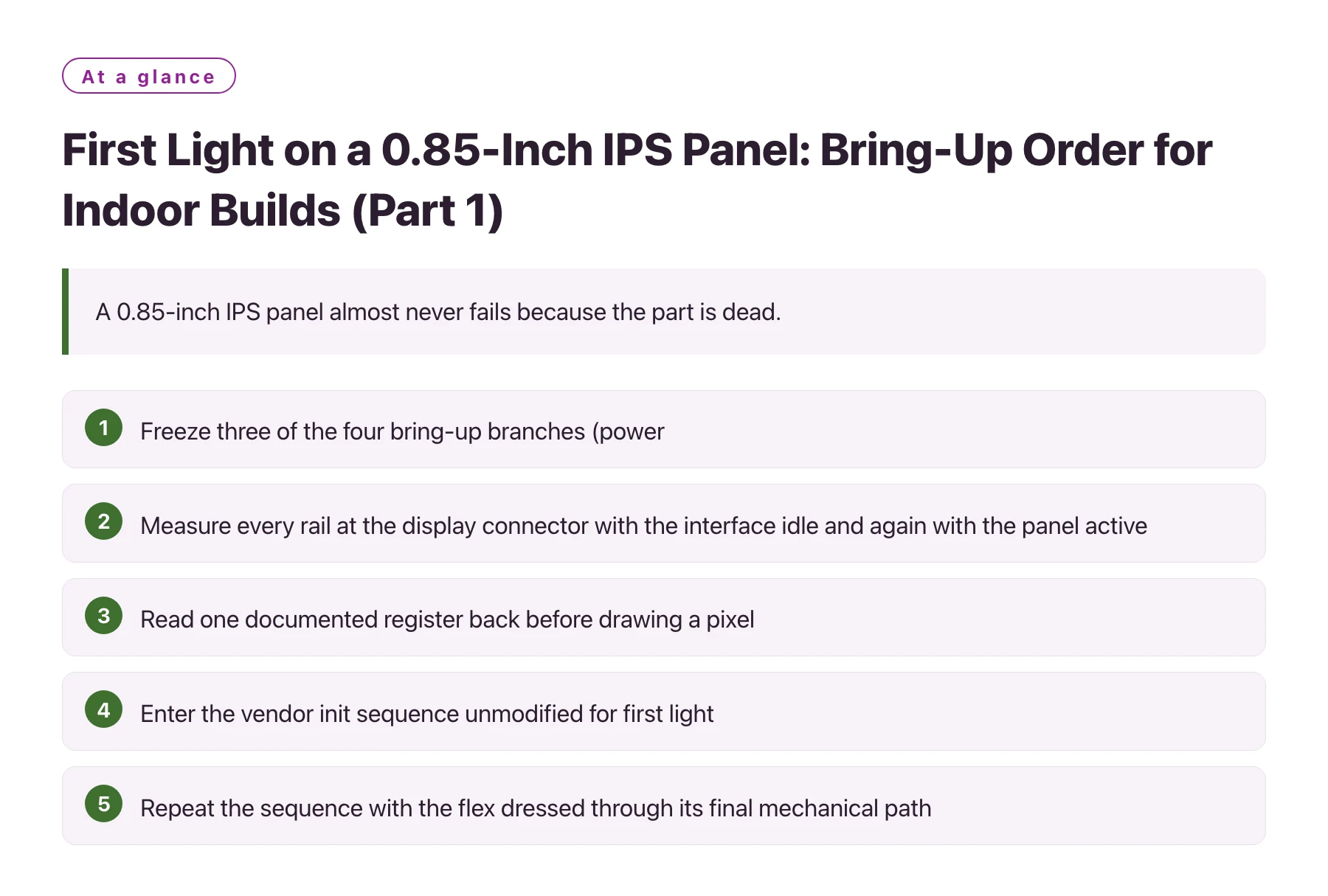 First Light on a 0.85-Inch IPS Panel: Bring-Up Order for Indoor Builds (Part 1)——全文要点速览